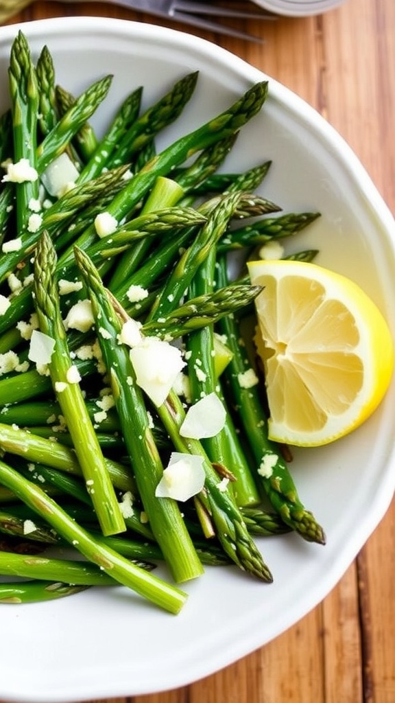 Sautéed asparagus leaves with garlic and lemon served in a rustic bowl, garnished with Parmesan cheese.